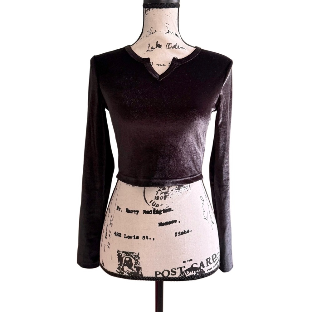 SHEIN Velvet Notched Collar Long-Sleeve Cropped Top